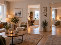 Kann eine Luft-Luft-Wärmepumpe mehrere Räume zuverlässig heizen? Wohnzimmer mit Blick durch offene Türen in Arbeits- und Schlafzimmer an einem Wintertag