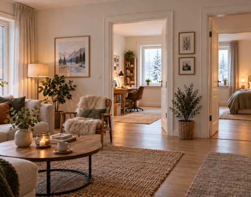 Kann eine Luft-Luft-Wärmepumpe mehrere Räume zuverlässig heizen? Wohnzimmer mit Blick durch offene Türen in Arbeits- und Schlafzimmer an einem Wintertag
