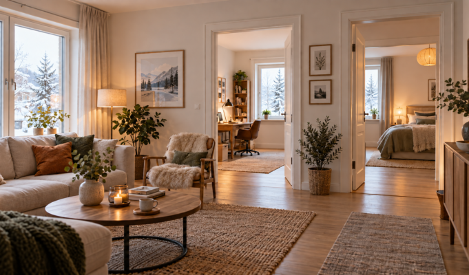Kann eine Luft-Luft-Wärmepumpe mehrere Räume zuverlässig heizen? Wohnzimmer mit Blick durch offene Türen in Arbeits- und Schlafzimmer an einem Wintertag