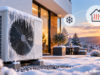 Klimaanlage vereist im Heizbetrieb – wann Eis am Außengerät normal ist Stark vereistes Außengerät einer Klimaanlage vor einem Wohnhaus im Winter