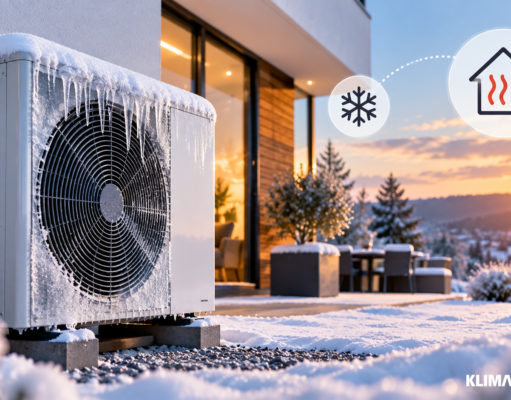 Klimaanlage vereist im Heizbetrieb – wann Eis am Außengerät normal ist Stark vereistes Außengerät einer Klimaanlage vor einem Wohnhaus im Winter
