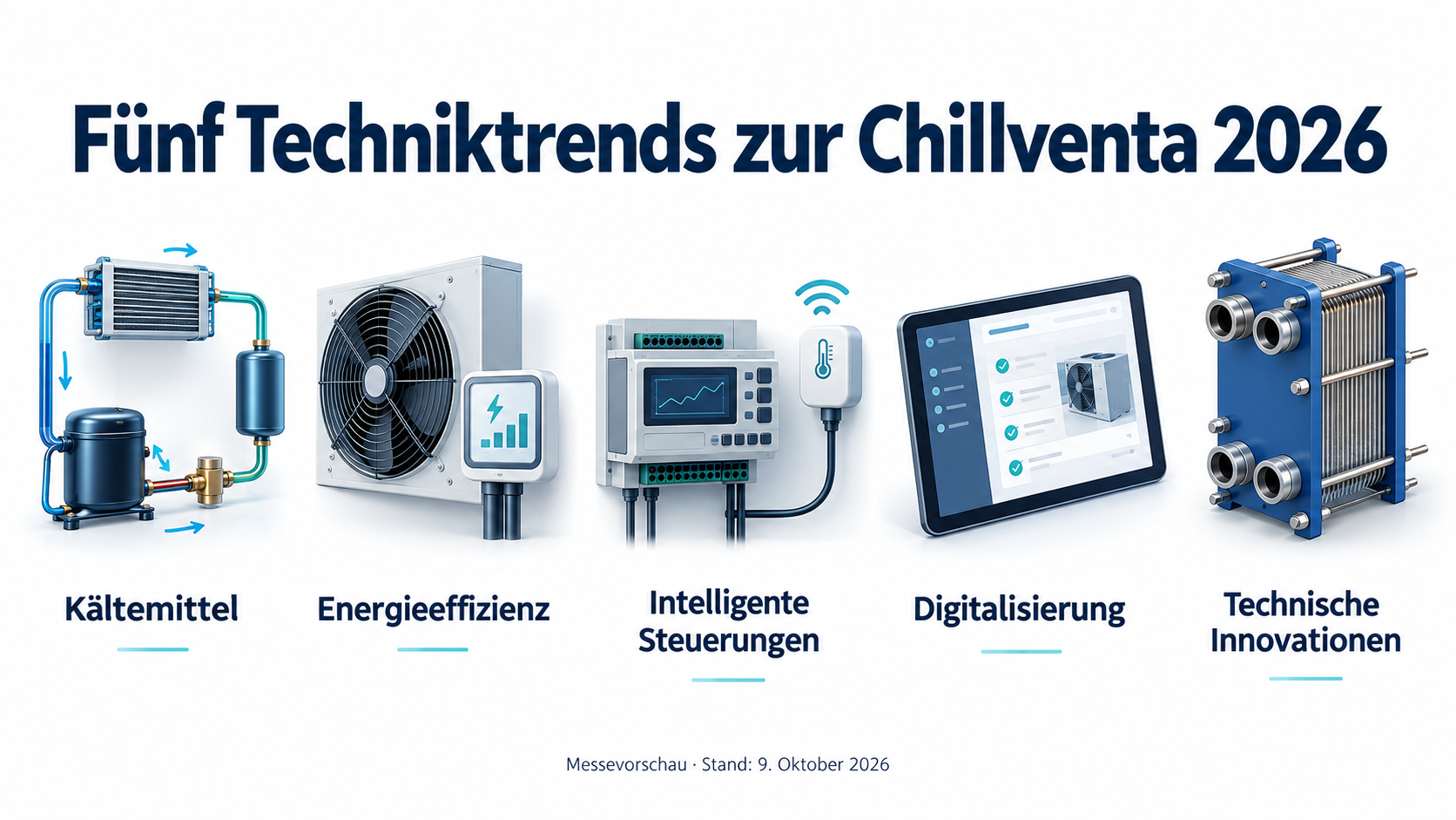 Fünf Techniktrends zur Chillventa 2026: Kältemittel, Energieeffizienz, intelligente Steuerungen, Digitalisierung und technische Innovationen.