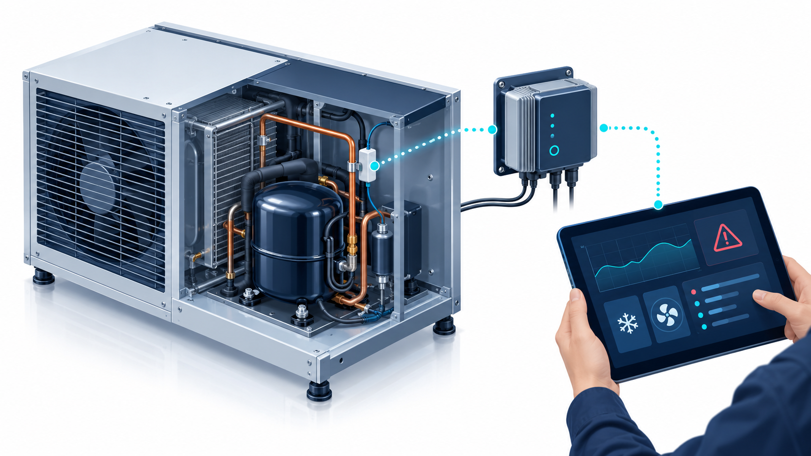 Konzeptionelle Illustration einer Kälteanlage mit Temperatursensor, lokalem Controller und Tablet für Betriebsdaten und Alarme.
